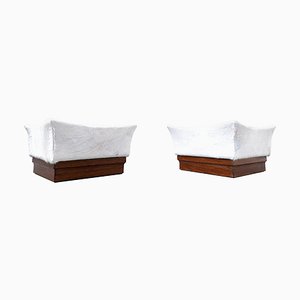 Mid-Century White Ottomans in Foal Skin and Wood, Set of 2