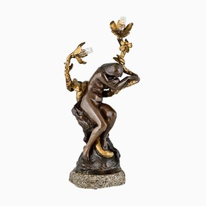 Art Nouveau Bronze Lamp of Nude with Snake and Flowers by Henri Levasseur