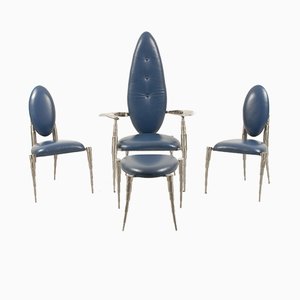Dutch Brushed Steel & Blue Leather Living Room from Daal, 1980s, Set of 4