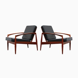 Set of Danish Teak Paper Knife Lounge Chairs in Black by Kai Kristiansen for Magnus Olesen