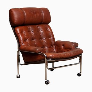 Lounge Chair in Chrome and Brown Cognac Leather from Lindlöfs, 1960s