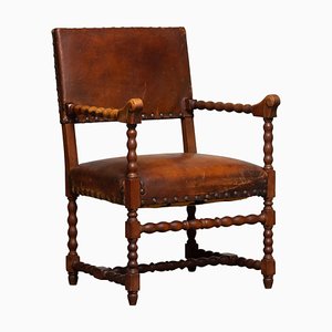 18th Century Italian Oak Brown Leather Armchair