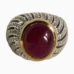 Cabochon Ruby and Diamonds 18 Karat Yellow and White Gold Ring