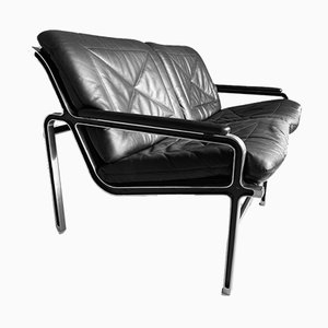 Sofá Mid-Century de aluminio y cuero negro de Andre Vanden Beuck