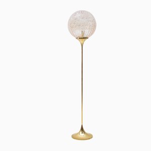 Floor Lamp in Gold with Large Glass Shade & Gold Details on Trumpet Base, 1970s