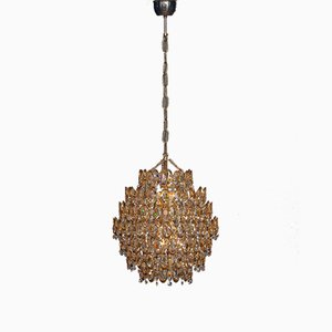 Gilded Spherical Chandelier with Clear Faceted Crystals from Palwa, 1970s
