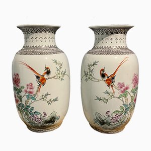 Chinesische Birds of Paradise Vasen, 2er Set