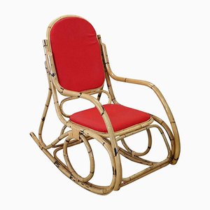 Rocking Chair Vintage en Bambou avec Tissu Rouge, 1980s