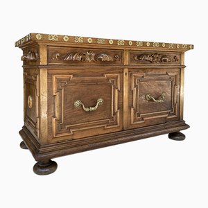 Enfilade Mid-Century en Bois Sculpté avec 2 Tiroirs à la Taille et Porte Inférieure avec Détails en Bronze Doré