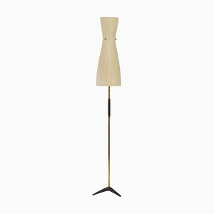 Vintage Floor Lamp with Fiberglass Shade and Brass Tripod Stand, 1950s