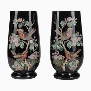 Black Opal Glass Jars with Hand-Painted Birds, France, 19th Century, Set of 2