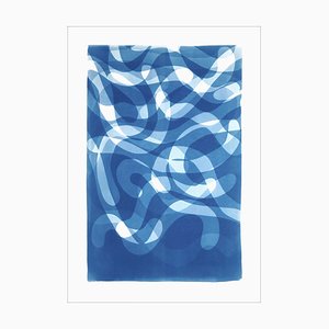 Espirales en forma de espiral con capas orgánicas en tonos azules, cianotipo hecho a mano sobre papel, 2021