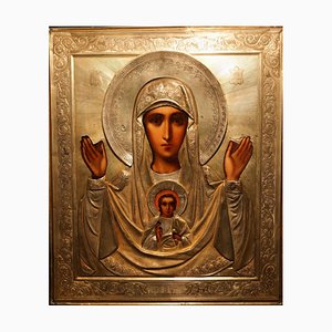 Panneau L'Image de la Mère de Dieu dans un Cadre en Argent Massif, Russie, Fin du 19ème Siècle
