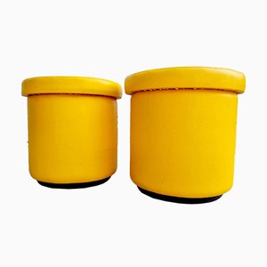 Set of Mid-Century Yellow Leather Poufs, Italy, 1980s