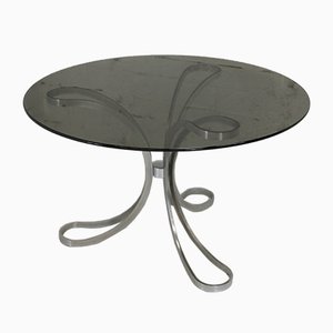 Space Age Table in Polished Steel with Round Smoked Glass Top, France, 1970s