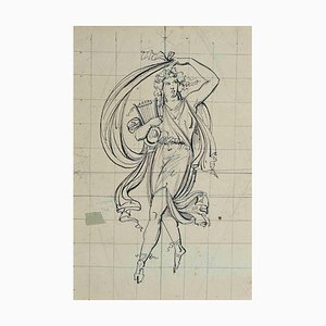 Desconocido, Artemisa con el arpa, dibujo a pluma, principios del siglo XX