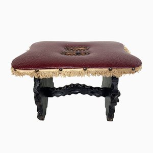 Spanish Renaissance Red Faux-Leather Footstool
