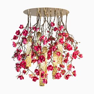 Large Flower Power Fuchsia Magnolia Round Chandelier with 24k Gold Pipes from VGnewtrend, Italy