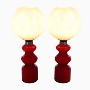 Tischlampen aus Glas in Rot & Weiß, 2er Set