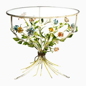 Floraler italienischer Mid-Century Metall Beistelltisch mit runder Glasplatte