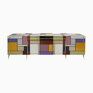 Credenza Mid-Century in legno massello e vetro colorato, Italia
