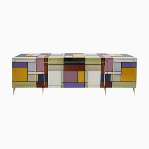 Mid-Century Solid Wood and Colored Glass Italian Sideboard