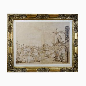 Seppia Aquarellato di paesaggio veneziano, fine XIX secolo