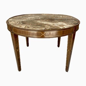 Mesa auxiliar circular de madera con filetes de marquetería de limoncillo