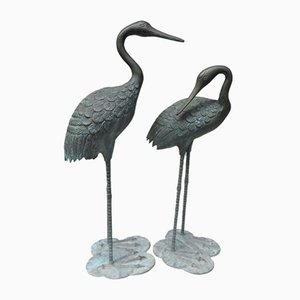 Sculptures Grue en Bronze et Patiné Vert, 1970s, Set de 2