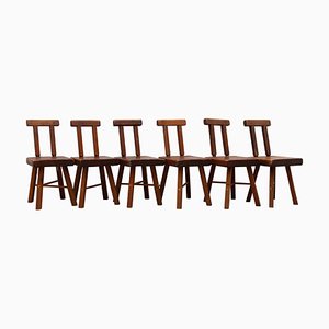 Brutalist Solid Wood Chairs, 1950s, Set of 6