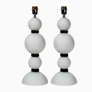 Hand Blown White and Black Glass Table Lamps, Set of 2