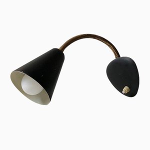 Scandinavian Modern Adjustable Black Wall Lamp in Brass, 1950s