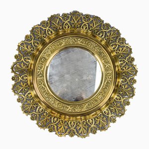 Antique Round Bronze and Brass Mirror in Sunburst Shape