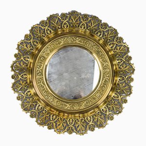 Espejo antiguo redondo de bronce y latón en forma de sol