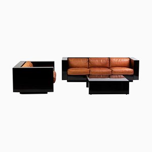Set da salotto Saratoga in pelle nera e color cognac di Massimo Vignelli, set di 3