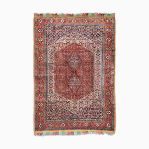Geometric Senneh Pure Silk Light Red Rug with Medallion and Border