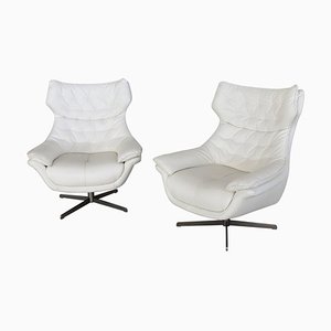 Set of Italian Swivel Armchairs in White Leather, 1980s