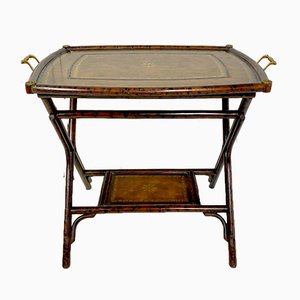 Table de Majordome Antique en Bambou avec Plateau Imprimé en Cuir