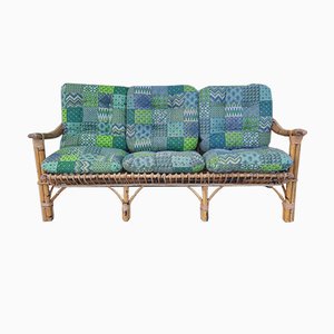 Drei-Sitzer Sofa aus Rattan mit Original Kissen, 1950er