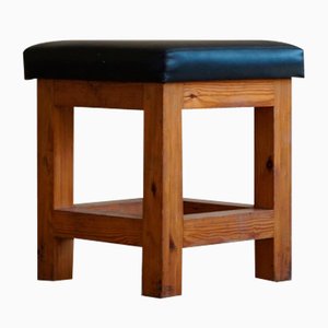 Mid-Century Danish Brutalist Solid Pine Stool with Leather Upholstery, 1960s