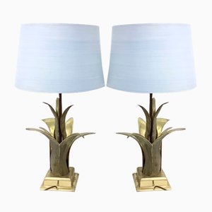 Large Hollywood Regency Floral Table Lamps in Brass, 1960s, Set of 2