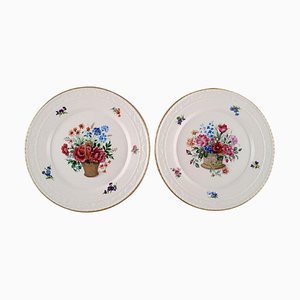 Antique Porcelain Plates with Hand-Painted Flower Baskets, Set of 2