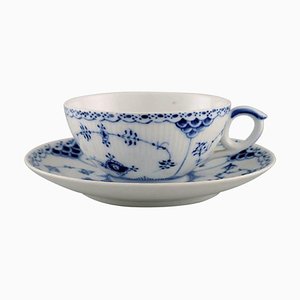 Royal Copenhagen Model Number 1/525 Blue Fluted Half Lace Teacup with Saucer, Set of 2