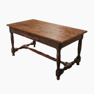 Antique English Rustic Oak Plank Table with Turned Legs United by H Stretcher