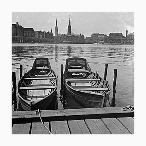 Boats at Quay on Alster View to Hamburg City Hall, Germany 1938, Printed 2021