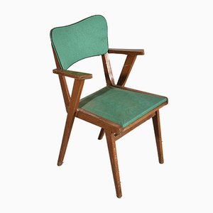 Butaca con estructura de madera maciza y asiento de cuero sintético verde, años 60