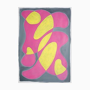 Abstract Pink Cadillac, Mid-Century Shapes Painting on Paper in Yellow and Gray, 2021