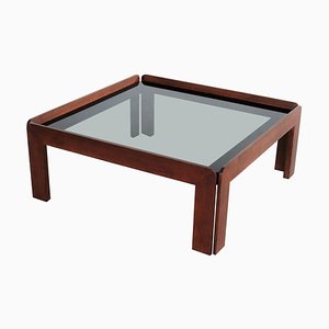 Mid-Century Italian Square Coffee Table in Mahogany and Smoked Glass, 1960s