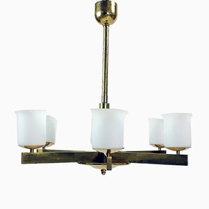 Art Deco Brass Ceiling Lamp with 2 Sets of Glass Shades, Czechoslovakia, 1920s