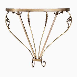 Mid-Century Wall-Mounted Brass Console Table with Black Glass Demilune Top, Italy, 1950s